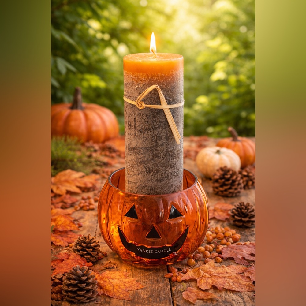 Yankee Candle Amber Glass Holder with 12” Pillar Candle Fall Halloween Decor